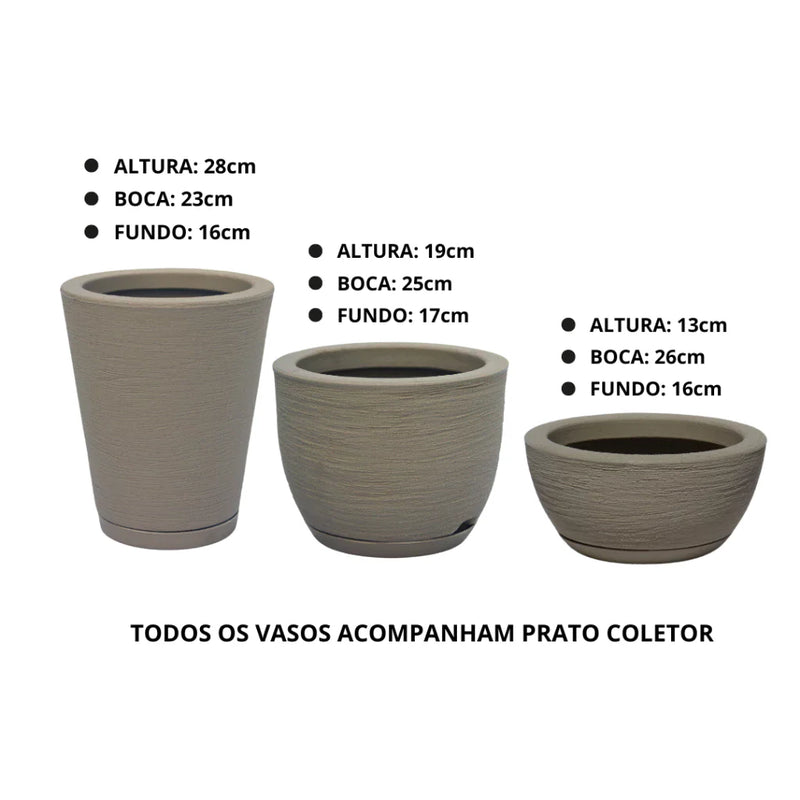 Kit com 3 Vasos Decorativos de Polietileno para Plantas